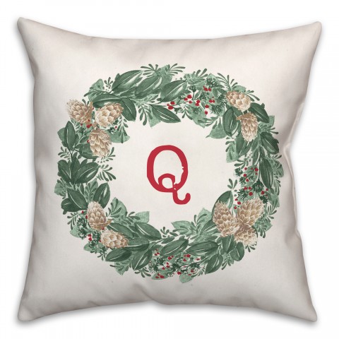 Christmas Wreath Monogram Q 18x18 Spun Poly Pillow