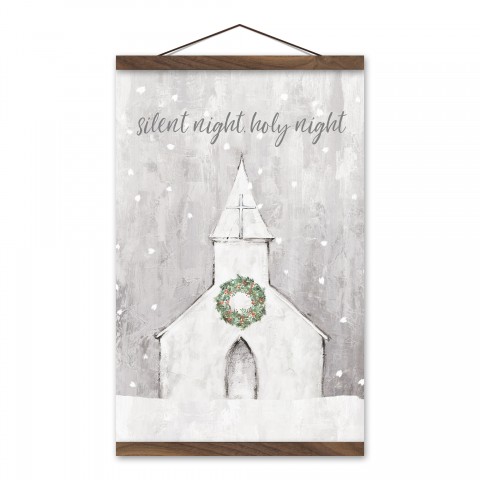 Silent Night Church 12x18 Teak Hanging Canvas