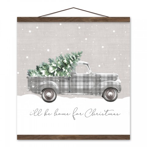 Home for Christmas Truck 16x16 Teak Hanging Canvas