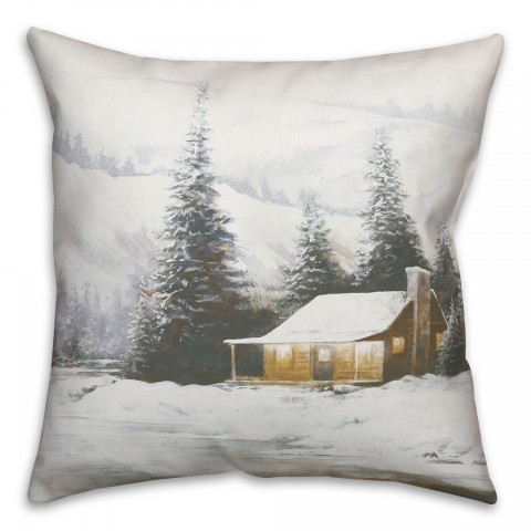 Snowy Wooded Cabin 18x18 Spun Poly Pillow