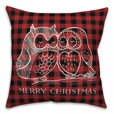 Buffalo Check Christmas Owls 18x18 Spun Poly Pillow