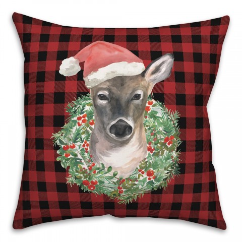 Buffalo Chek Wreath Deer Santa Hat 18x18 Spun Poly Pillow