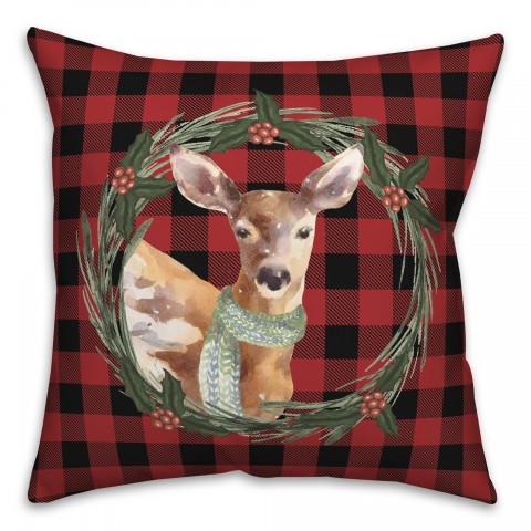 Deer Wreath on Buffalo Check 18x18 Spun Poly Pillow