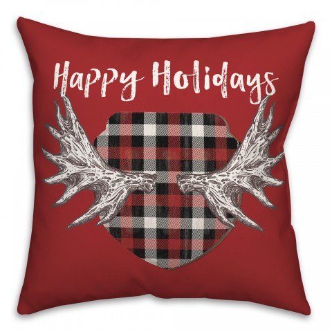Happy Holidays Moose Antlers 18x18 Spun Poly Pillow