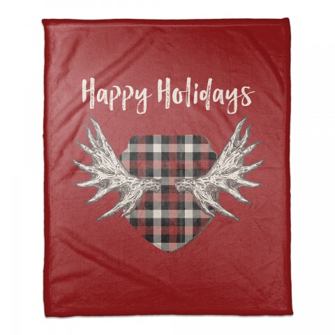 Happy Holidays Moose Antlers 50x60 Coral Fleece Blanket
