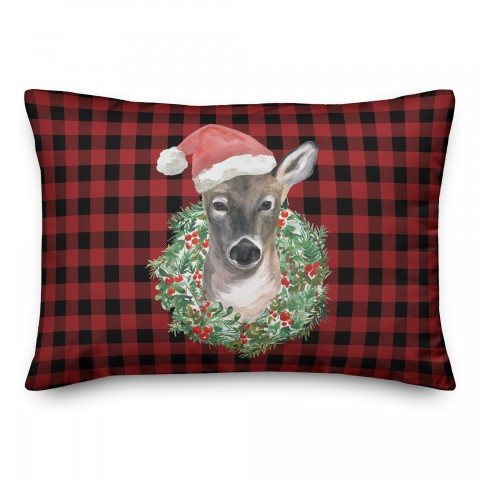 Buffalo Chek Wreath Deer Santa Hat 14x20 Spun Poly Pillow