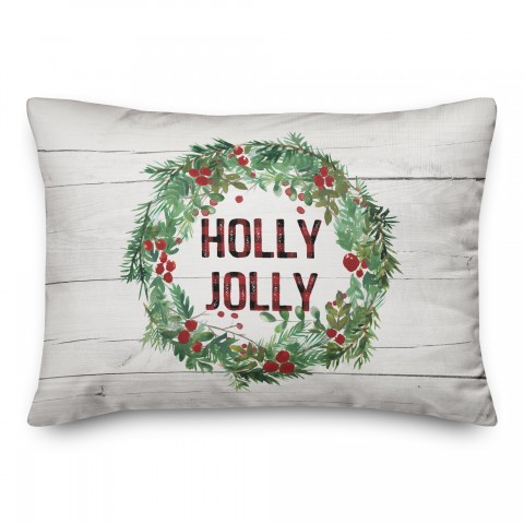 Holly Jolly Wreath on Wood 14x20 Spun Poly Pillow