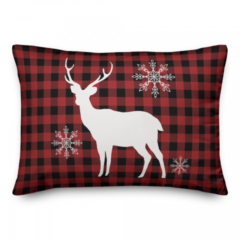 Reindeer and Snowflakes on Plaid 14x20 Spun Poly Pillow