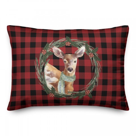 Deer Wreath on Buffalo Check 14x20 Spun Poly Pillow