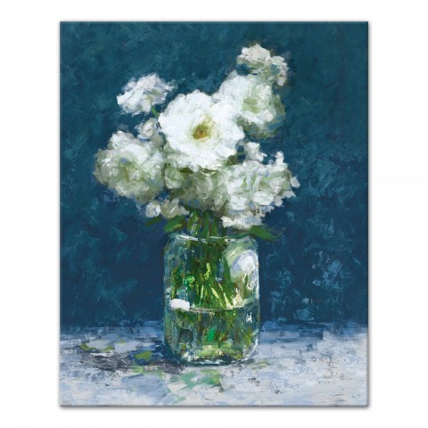 White Flowers on Blue 16x20 Canvas Wall Art