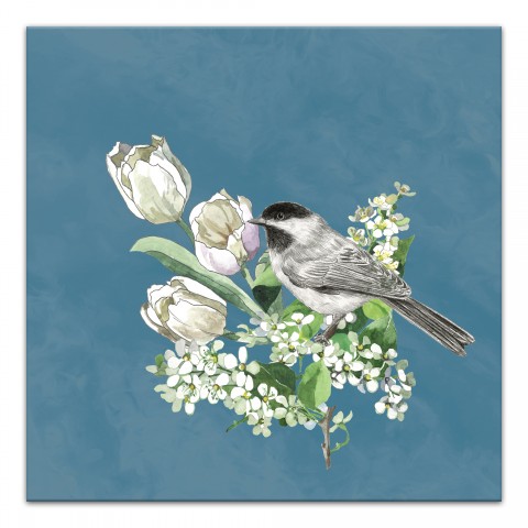 Bird on Flower Branch 20x20 Canvas Wall Art
