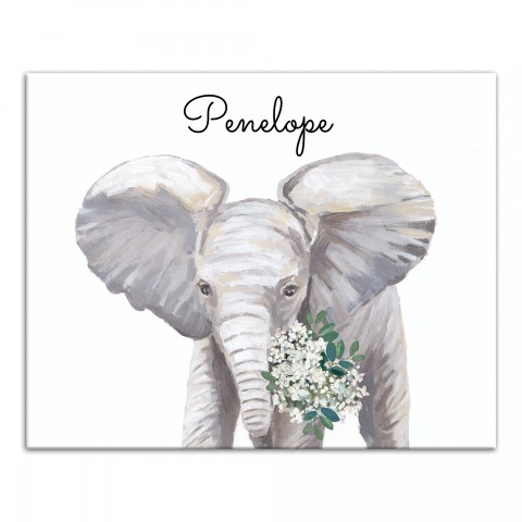 Baby Elephant with Flowers 20x16 Personalized Canvas Wall Art