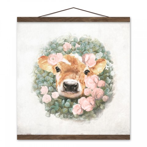 Baby Cow in Wreath 16x16 Teak Hanging Canvas