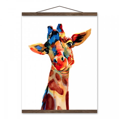 Colorful Giraffe Head 16x20 Teak Hanging Canvas