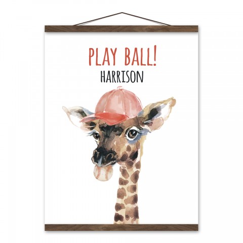 Baseball Giraffe 16x20 Personalized Teak Hanging Canvas