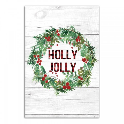 Holly Jolly Wreath on Wood 12x18 Canvas Wall Art