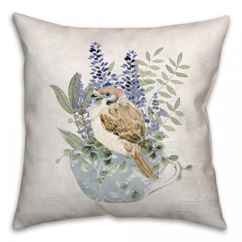 Floral Bird in Cup 18x18 Spun Poly Pillow