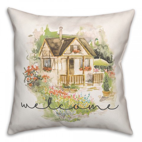 Welcome Watercolor Cottage 18x18 Spun Poly Pillow