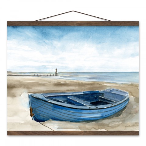 Blue Rowboat 16x20 Teak Hanging Canvas