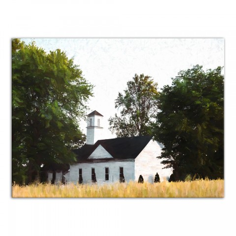 White Church in Field 24x18 Canvas Wall Art