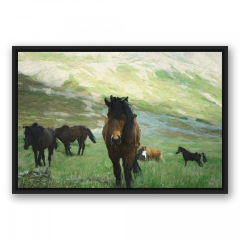Herd of Horses 30x20 Black Floating Framed Canvas