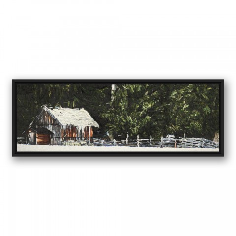 Snowy Cabin 36x12 Black Floating Framed Canvas