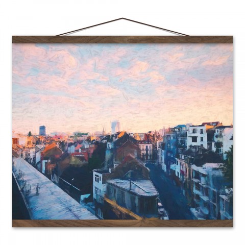 Sunset Over Town 16x20 Teak Hanging Canvas