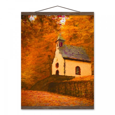 Autumn Church 16x20 Teak Hanging Canvas