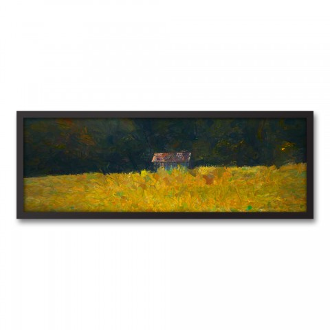 Cabin in Yellow Field 36x12 Black Framed Canvas