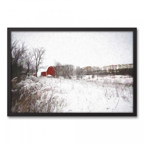 Red Barn in Snow 30x20 Black Framed Canvas