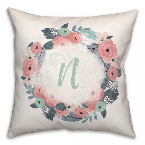 N Monogram Wreath 18x18 Spun Poly Pillow