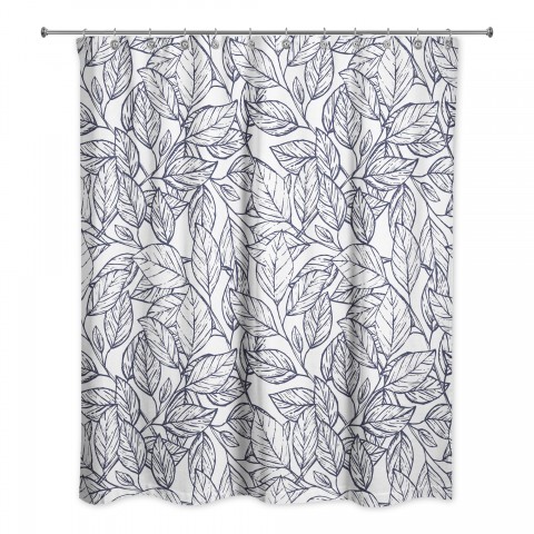 Navy Line Leaf Pattern 71x74 Shower Curtain