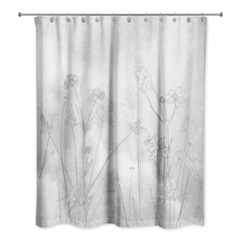 Gray Wildflower Sketch 71x74 Shower Curtain