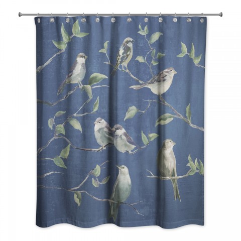 Navy Birds on Branches 71x74 Shower Curtain