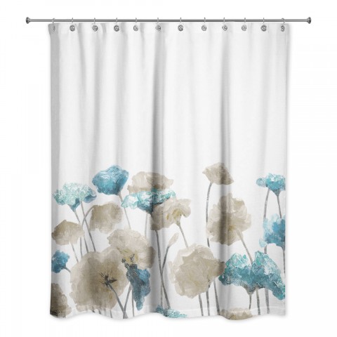 Blue Beige Painted Flowers 71x74 Shower Curtain