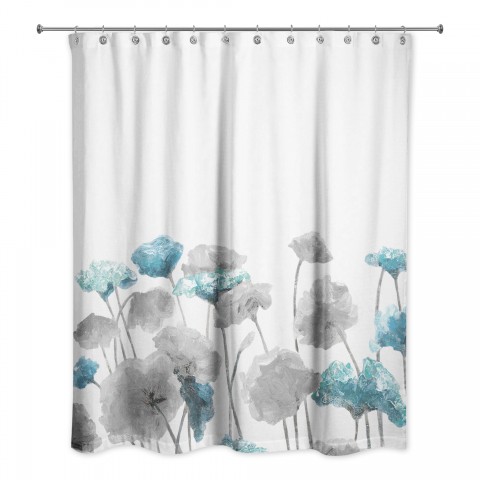 Gray Blue Painted Flowers 71x74 Shower Curtain