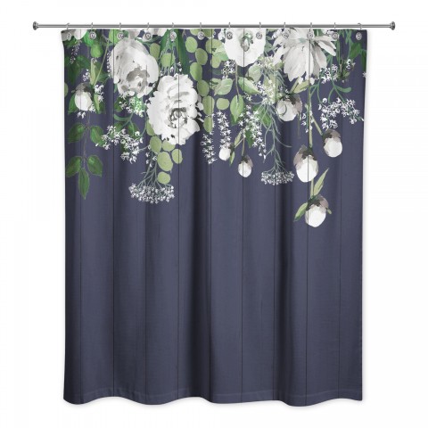 Painted Flowers on Navy 71x74 Shower Curtain