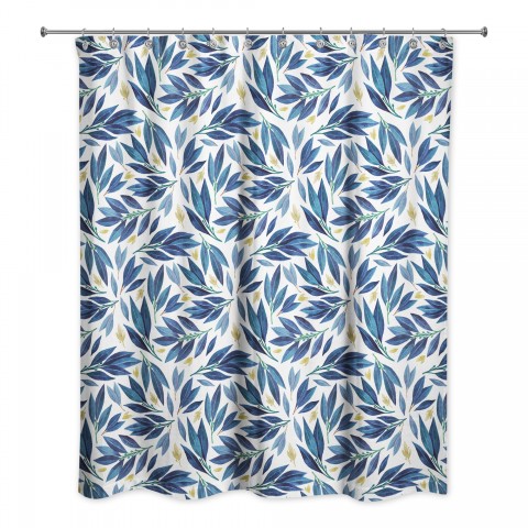 Navy Watercolor Leaves 71x74 Shower Curtain