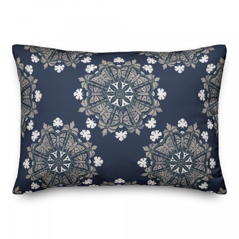 Gray Medallions on Blue 14x20 Indoor / Outdoor Pillow