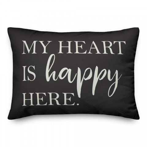 Heart is Happy Here on Black 14x20 Indoor / Outdoor Pillow