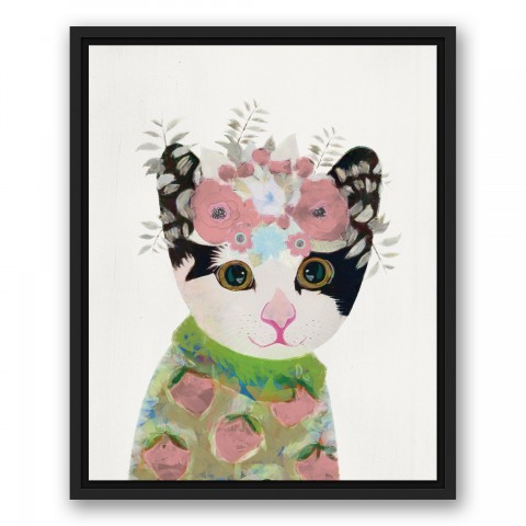 Floral Cat 16x20 Black Floating Framed Canvas