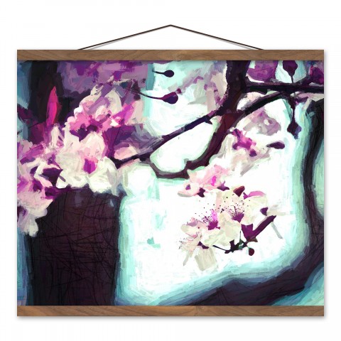 Colored Tree Blooms 16x20 Teak Hanging Canvas