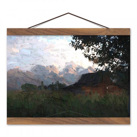 Mountains And Trees 8x12 Teak Hanging Canvas