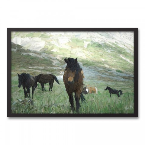 Horses In Green Field 30x20 Black Framed Canvas
