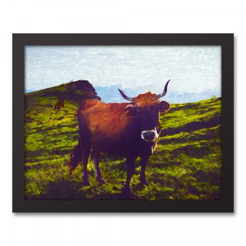 Happy Horned Cow 14x11 Black Framed Canvas