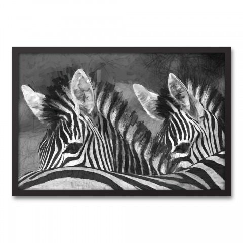 Sketch  Zebras Grayscale 30x20 Black Framed Canvas