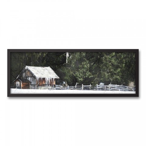 Snowy Cabin By Forest 36x12 Black Framed Canvas