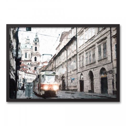 City Buildings And Bus 30x20 Black Framed Canvas