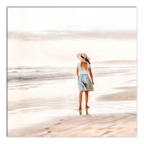 Watercolor Lady On Beach 16x16 Canvas Wall Art