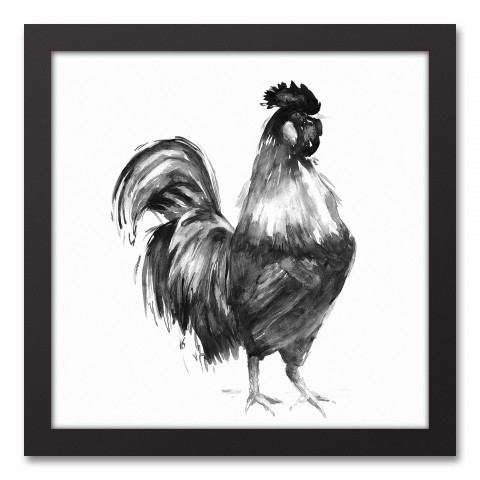B&W Ink Rooster 12x12 Black Framed Canvas